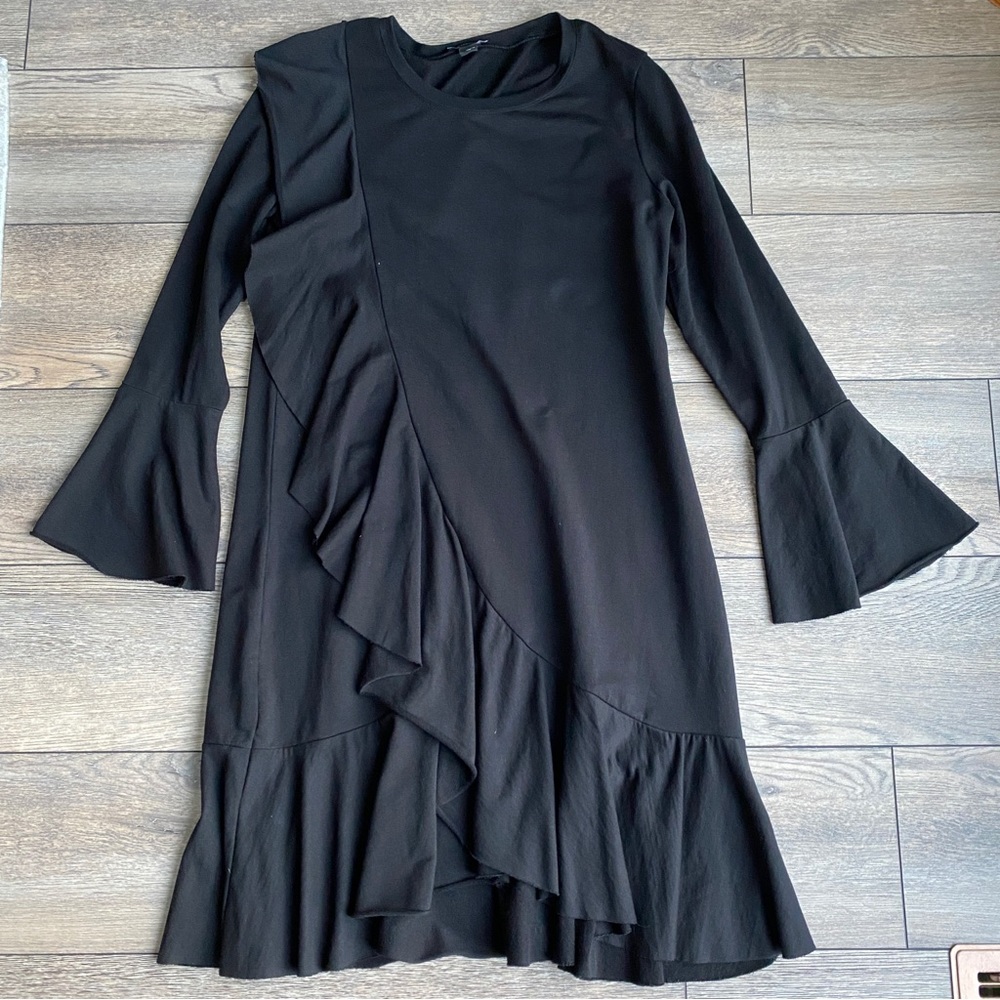 Halogen Long Bell Sleeve Ruffle Modal Blend Modest Black Dress sz s - Picture 2 of 8